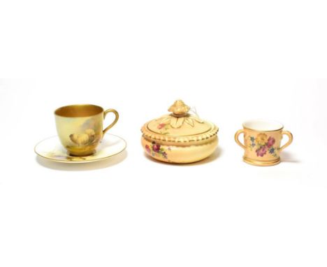 Royal Worcester cabinet cup and saucer decorated with sheep, signed E. Barker, together with a blush ivory miniature tyg and 