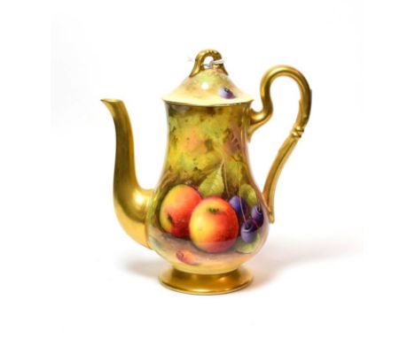 A Royal Worcester fruit decorated coffee pot, signed A Shuck, 17.785cm high..  Some slight crazing on the cover. No chips cra