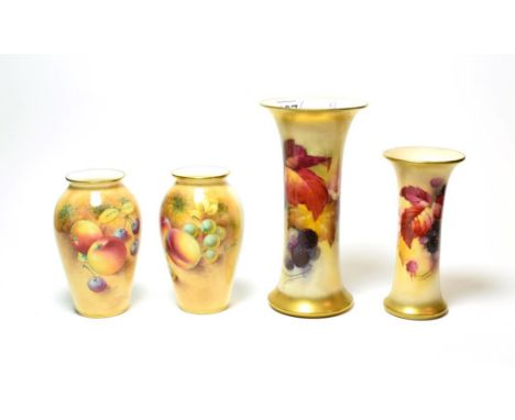 A pair of Royal Worcester fruit painted vases, signed indistinct and two other Royal Worcester trumpet form fruit painted vas