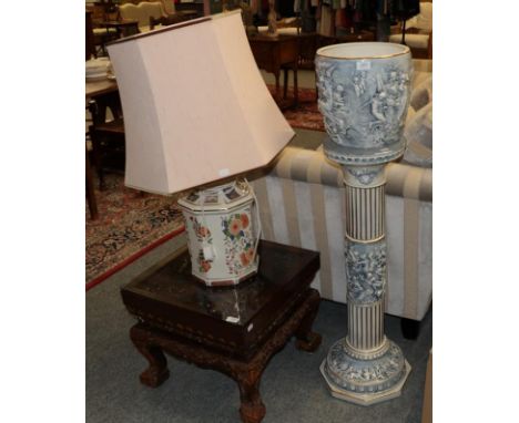 A Capodimonte ceramic pedestal jardiniere, and a large floral decorated ceramic table lamp with shade (2)