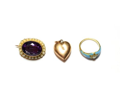 An amethyst and split pearl brooch, stamped '9CT'; a 9 carat gold heart shaped pendant; and an enamel, diamond and split pear