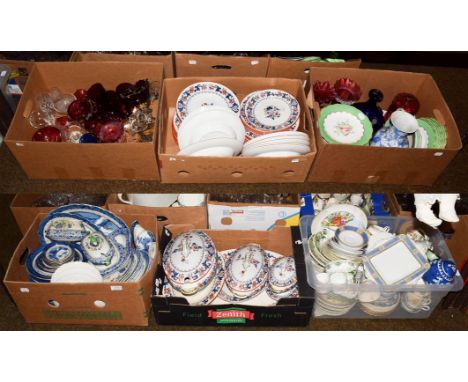 A quantity of glass and ceramics including cranberry glass, other coloured glass, Mintons Merrion Japan pattern part dinner s