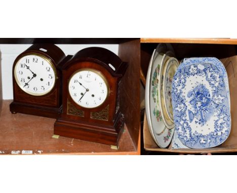 A mahogany striking table clock retailed by Winsor Bishop, Norwich, another striking mantel clock and a selection of ceramics