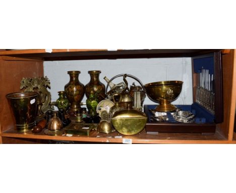 A selection of copper and brass ware including a Christmas 1914 box, pen stand, brass bell, brass jam pan, table bell, two op