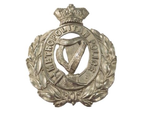 White metal, Queen's crown over harp Metropolitan Police on garter, laurel leaves surround