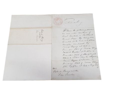VICTORIA (1837-1901) FREE PARDON TO 8 IRISHMEN INCL. PATRICK BARRY OF CORK, EDWARD BUTLER OF DUBLIN, TERENCE BYRNE OF DUBLIN,