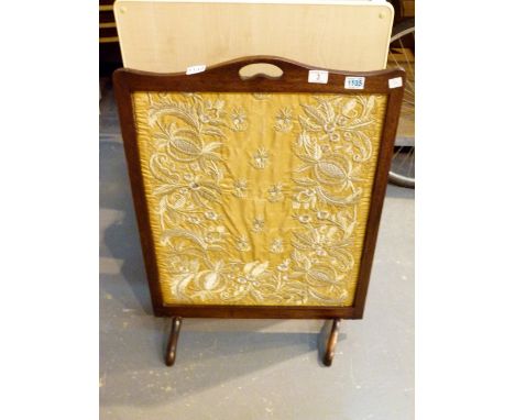 Victorian oak firescreen with hand embroidered design