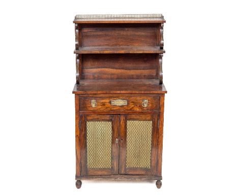 A fine Regency period rosewood and grained Chiffonier, of small proportions, the two tier top with a pierced brass gallery, e