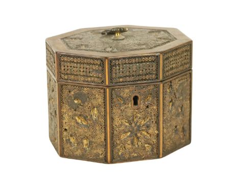 A George III period inlaid mahogany octagonal Tea Caddy, with rolled paper scroll in each panel, surmounted with brass carryi
