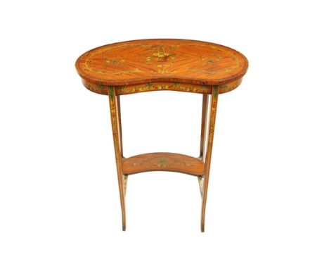 An attractive Edwardian satinwood kidney shaped Occasional Table, the rosewood banded top profusely decorated with floral gar