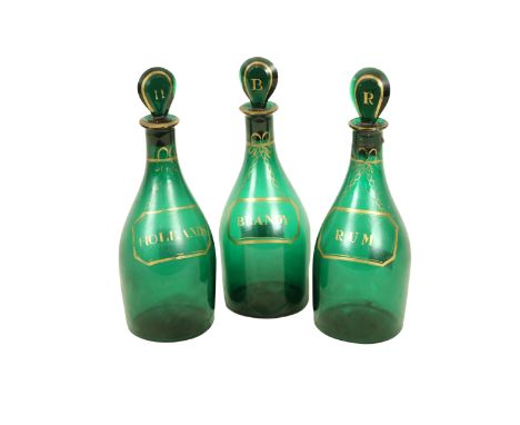 A set of three - 19th Century Bristol green Decanter Bottles and lids, with gilt highlight and inscribed 'Brandy,' 'Rum,' and