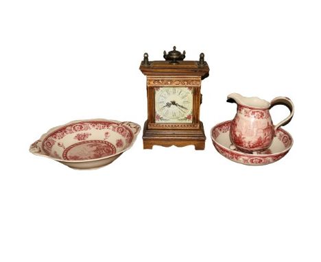 A three piece porcelain Basin, Ewer and circular Bowl, with classical pattern, together with a modern papier mache type Table