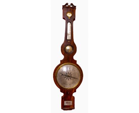 A good Irish rosewood wheel Barometer, by F. Porri, Dublin, with swan neck pediment a dry/damp gauge thermometer, a small con