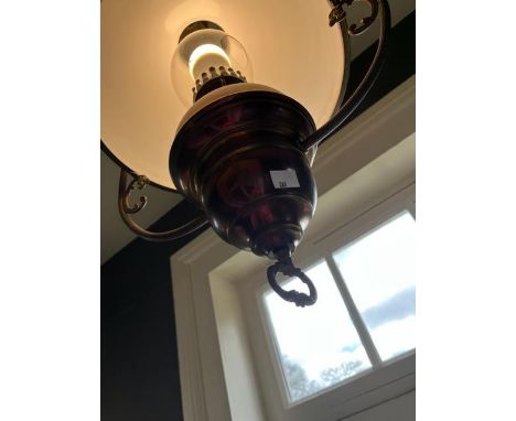 A Victorian style brass Ceiling Light, with milk glass shade and brass reservoir. (1) 