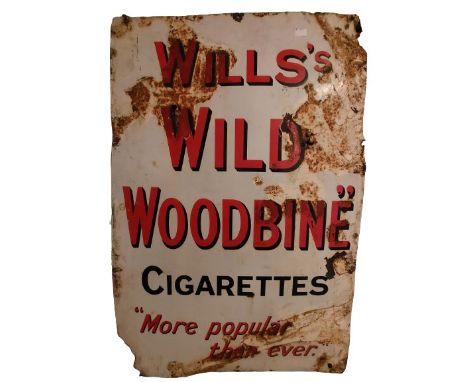 An original white enamel Advertisement Sign, for "Wills Wild Woodbine Cigarettes," with red and black text on white ground, a