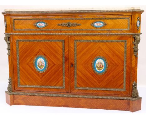 A superb French c. 1900 Secretaire kingwood Commode, with brass mount and decorated porcelain panel all under a shaped marble