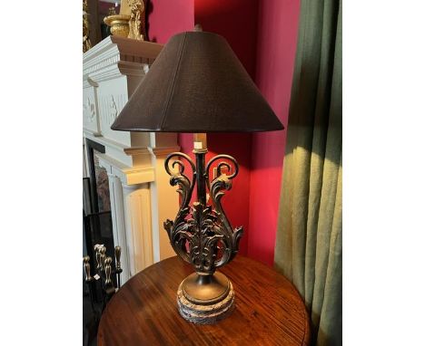A very attractive cast metal lyre shaped Table Lamp, on a circular moulded base, with faux leather shade, approx. 75cms (29 1