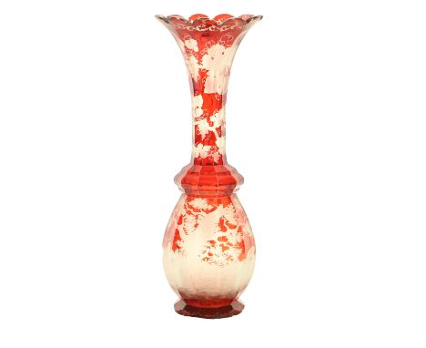 A fine late 19th Century Bohemian ruby glass Vase, etched with deer in woodland scene and scrolling vines, 41cms (16"). (1)