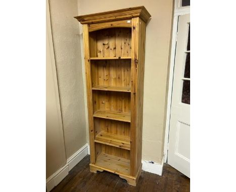 A two door modern pine Wardrobe, with panel doors; together with a pine five shelf Open Bookcase. (2) 