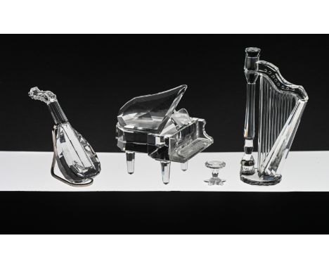 Swarovski Crystal Glass, three musical instruments, 'Piano', 'Harp' and 'Flute', boxed,