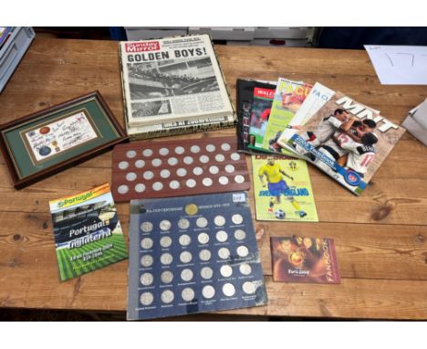 Collection of football memorabilia to include FA cup football centinary medal set, signed 1966 world cup first day cover in f