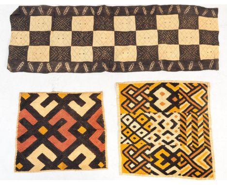 Three early to mid century Kuba / African tribal tapestry cloth ethnic wall hangings / table decoration. Hand woven panel of 