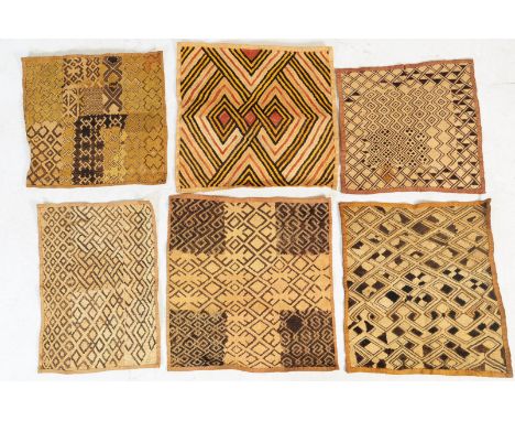 Six early to mid century Kuba / African tribal tapestry cloth ethnic wall hangings / table decoration. Hand woven panel of re