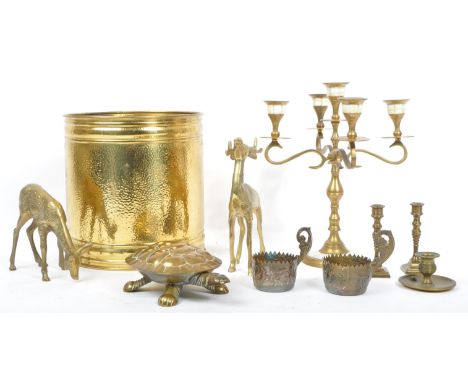 A collection of ten mid-century / vintage 20th century brass items.&nbsp;The lot to include a five piece brass and abalone&nb