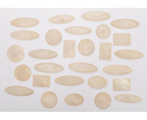 A collection of 19th century Chinese hand carved and engraved mother of pearl gaming tokens /. counters. Being of oval, circu