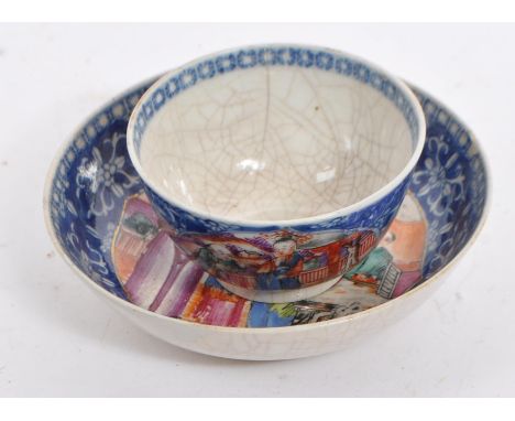 18th century Asian Chinese oriental ceramic cup and saucer. Having blue and white decoration to rim, with Chinese figure fami