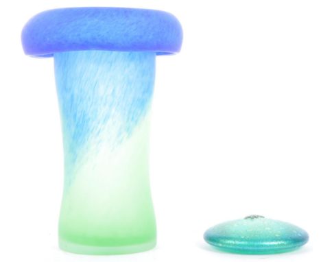 Vintage 20th century studio art glass items. One of circular form with mushroom top in a green and blue ground with speckled 