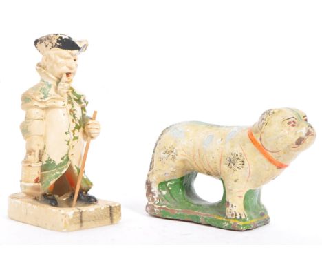 19th century Victorian plaster statue of a dog. Together with a Watchman in a standing position with cane and lantern, on a n