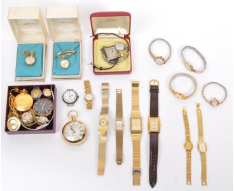 A collection of watches to include 2 mid century Heno fob watches, black faced pocket watch by Larex, Limit gold plated hunte