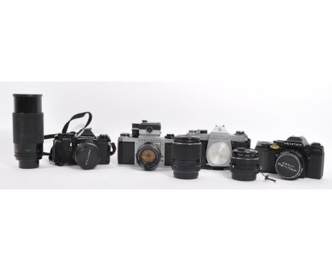 A collection of 20th century Asahi Pentax 35mm SLR cameras and lenses. The lot to include an Asahi Pentax MV 1 35mm SLR camer
