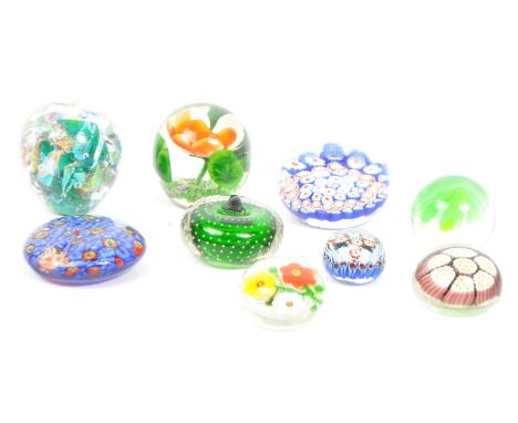 An assortment of vintage 20th century art glass paperweights to include millefiori, canework, lamp work, azurine and bubble c