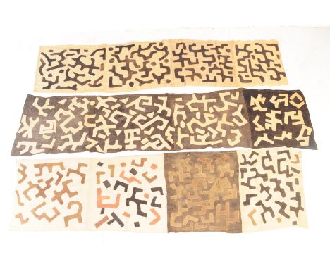 Three early to mid century Kuba / African tribal tapestry cloth ethnic wall hangings. Hand woven panels of rectangular form, 