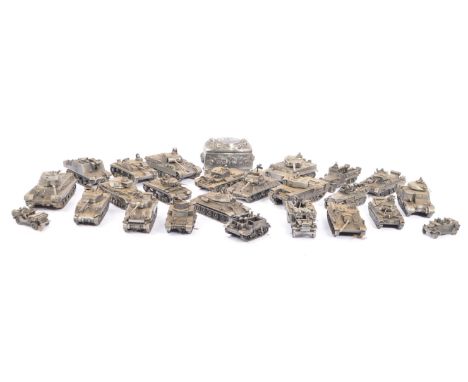 An assortment of 20th century pewter military army articulated tanks and vehicles. Each having the model name to base and sev