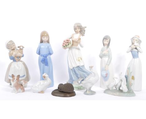 A collection of Lladro / Nao porcelain figures to include animals, girl, children, geese, dog, duck diorama and others. To al