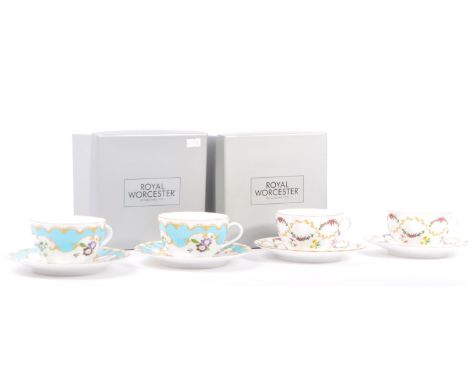 Royal Worcester - two pairs of duo cup-and-saucer sets in the 'Foxglove' and 'Primula' patterns. Comprises of  two sets of tw