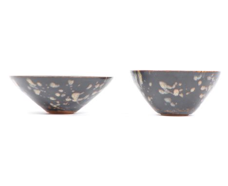 Two vintage 20th century Chinese oriental ceramic pottery stoneware bowls / dishes. One having painted geometric pattern inte