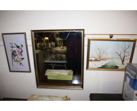 K Belk, oil on board study entitled "Midwinter"; together with a framed mirror; and a needlework embroidery of two birds