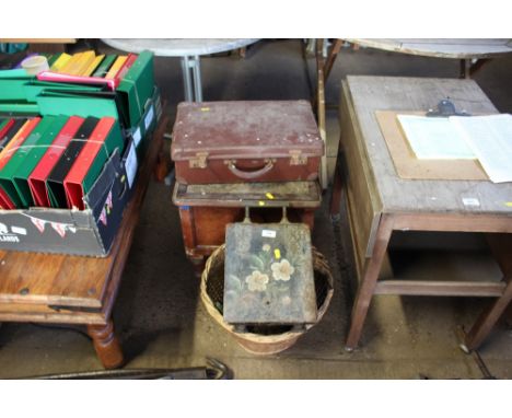 A painted coal scuttle; a wicker basket; a Victorian commode and a leather suitcase 