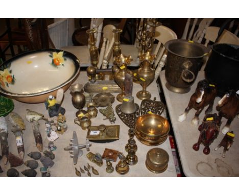 A quantity of mostly brassware to include candelabra, vases etc. 