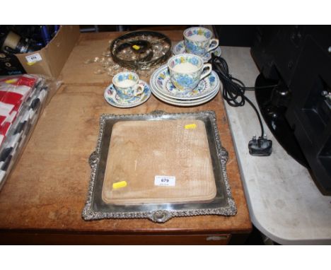 A quantity of Masons Regency patterned tea cups and saucers; a silver plated and wooden bread board and a small light fitting