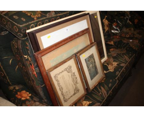 A wall mirror; two abstract studies; a maple frame print etc