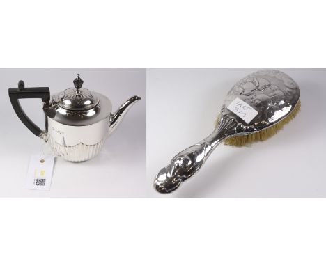 Silver teapot by William Hutton & Sons London 1894 approx 8oz and a Victorian hallmarked silver backed hair brush Condition R