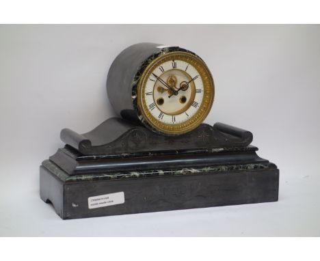 Victorian engraved slate and marble mantle clock   CLOCKS & BAROMETERS - as we are not a retailer, these items are sold as se