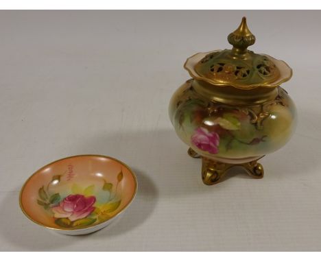 Royal Worcester squat jar and cover, no. 261 H11cm and a circular pin dish signed by M Hunt  Condition Report Click here for 