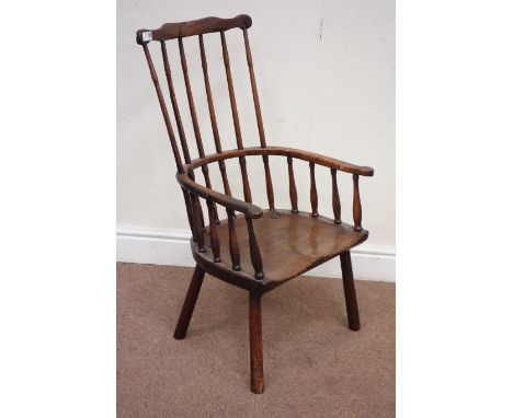 18th century country elm high stick back Windsor chair Condition Report H: 84cm, W: 50cm, D: 50cm. Some movement in the frame
