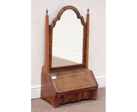 Early Georgian walnut toilet mirror, moulded shaped framed swing mirror, above inlaid fall front enclosing interior drawers, 